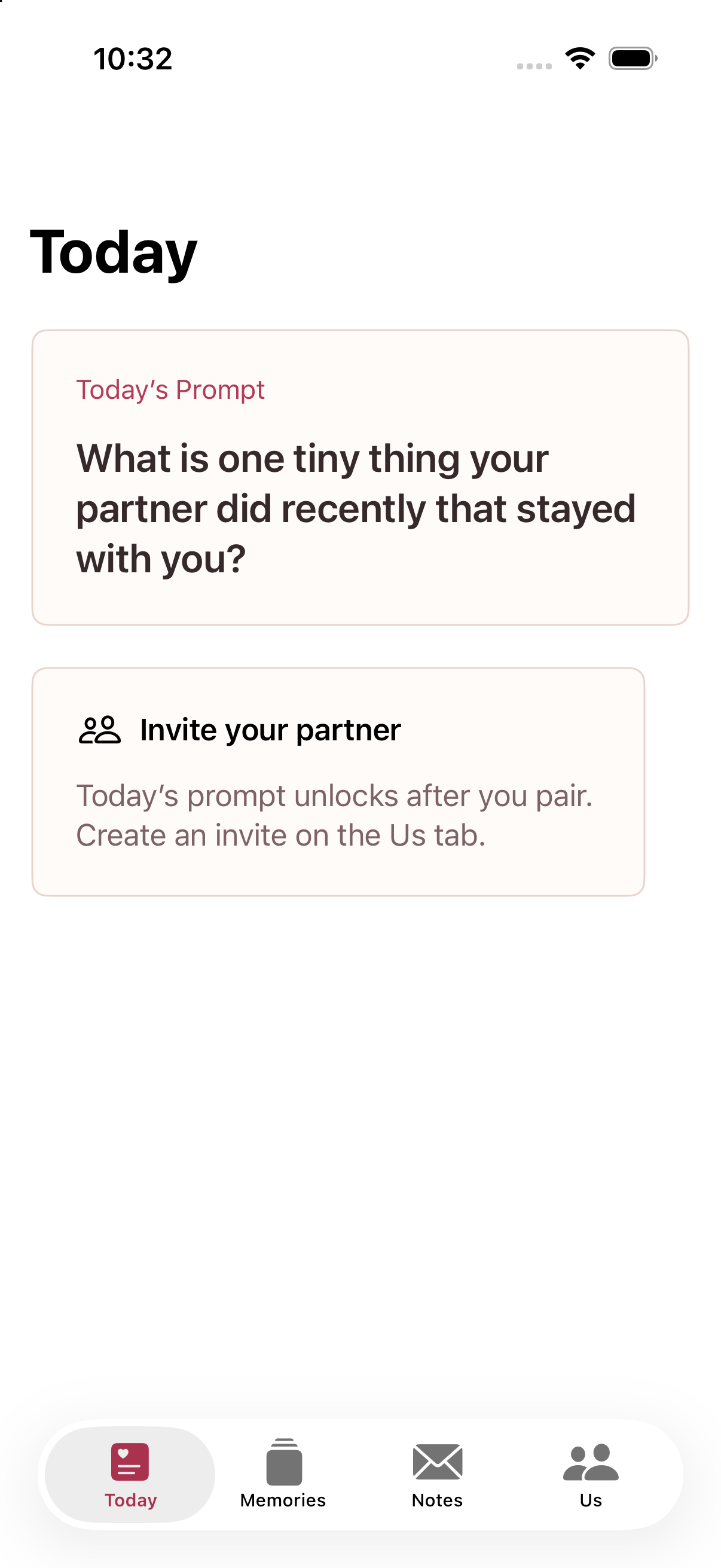 Today on a mock-auth build, unpaired. The prompt card is up. No names, no answers.